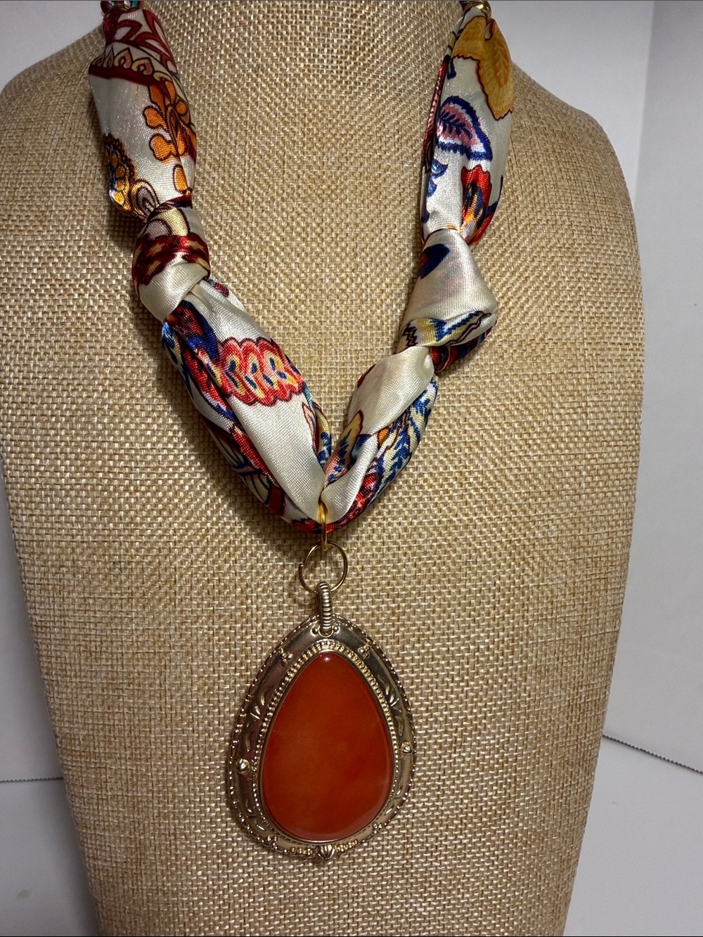 Carnelian Agate Pendant Silk Scarf Necklace